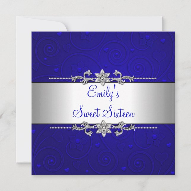 Sweet 16 Blue Silver Floral Love Birthday Party Invitation (Front)