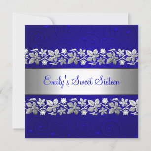 Sweet 16 Blue Silver Floral Love Birthday Party Invitation