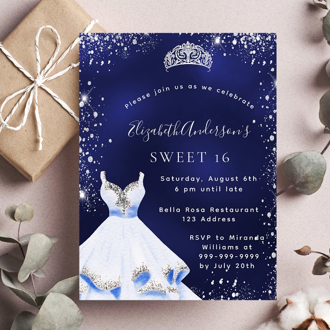 Sweet 16 blue silver glitter dress tiara party invitation (Creator Uploaded)