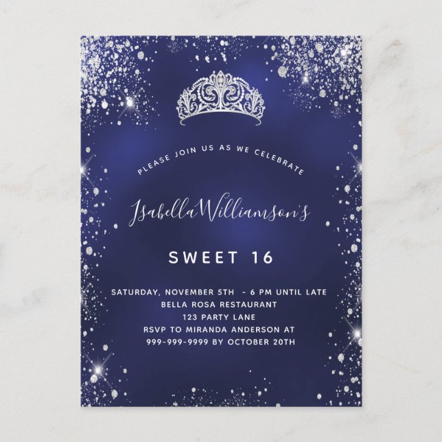 Sweet 16 blue silver glitter dust tiara crown invitation postcard (Front)