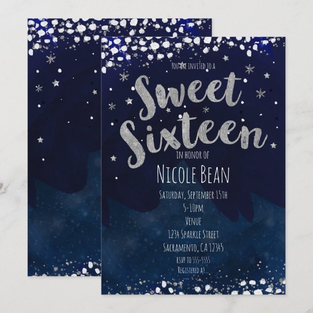Sweet 16 Blue & Silver Starry Night Birthday Party Invitation (Front/Back)
