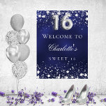 Sweet 16 blue silver stars welcome party poster<br><div class="desc">A welcome poster for a Sweet 16,  16th birthday party.  A navy blue background with elegant faux silver stars. The blue colour is uneven.  Personalise and add a name and text.  White letters.</div>