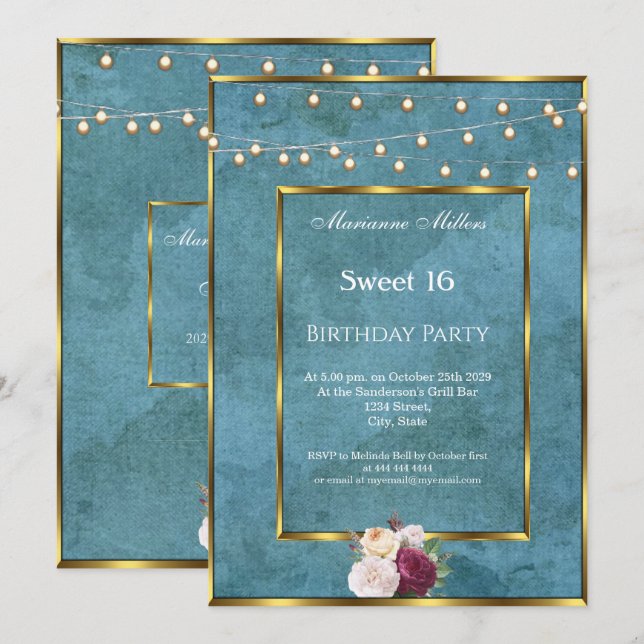 Sweet 16 Blue Teal Gold Fairy Lights Roses   Invitation (Front/Back)