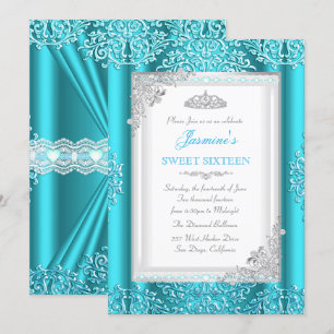 Sweet 16 Blue Teal Silver Lace Damask Tiara Invitation