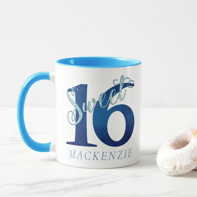 Sweet 16 | Blue Watercolor and Faux Glitter Party Mug (With Donut)