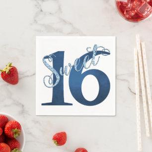 Sweet 16   Blue Watercolor and Faux Glitter Party Napkin