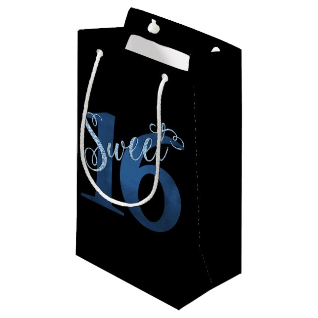Sweet 16 | Blue Watercolor and Faux Glitter Party Small Gift Bag (Front Angled)