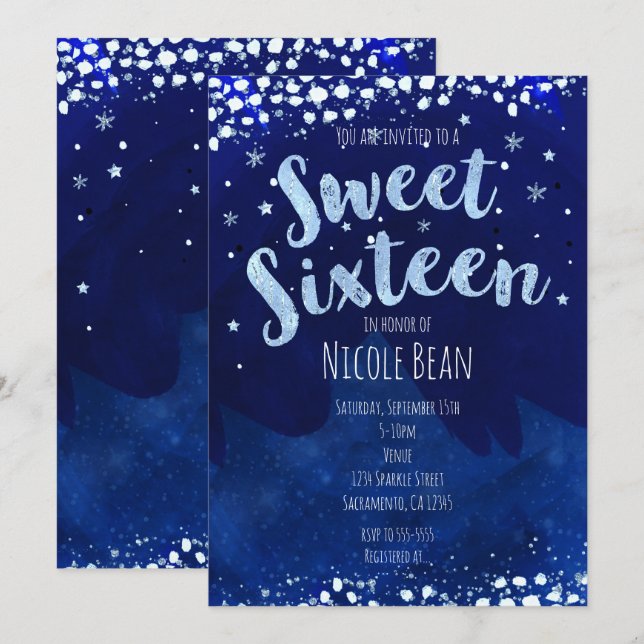 Sweet 16 Blue Winter Wonderland Starry Invitations (Front/Back)