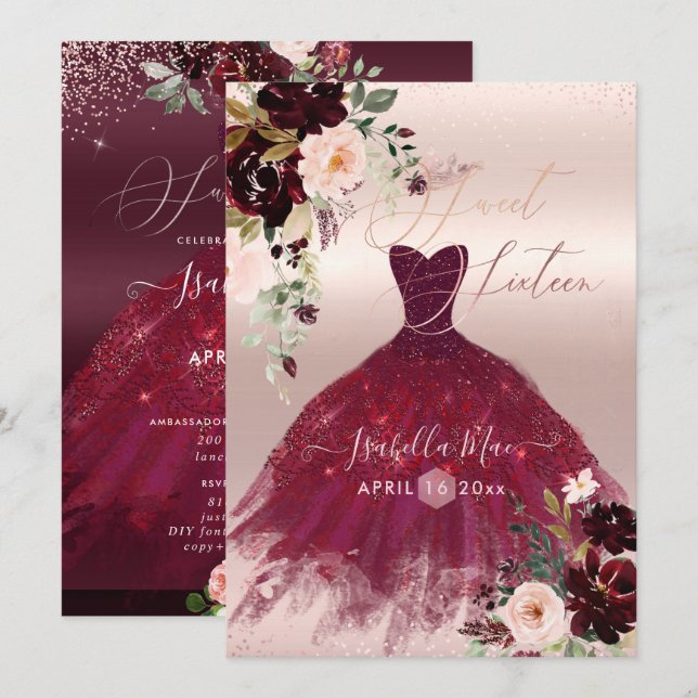 Sweet 16 Blush Burgundy Watercolor Flowers Invitation (Front/Back)