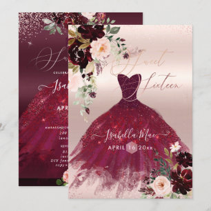 Sweet 16 Blush Burgundy Watercolor Flowers Invitation