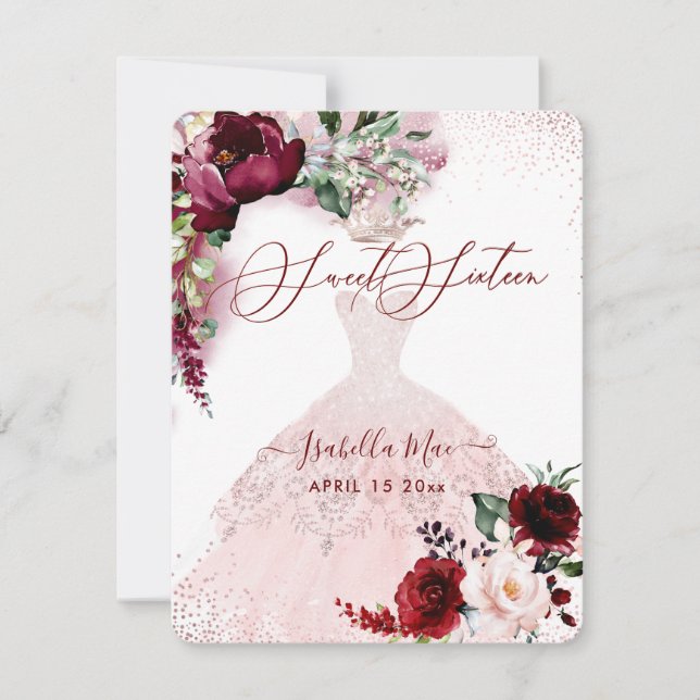 Sweet 16 Blush Burgundy Watercolor Flowers  Invitation (Front)