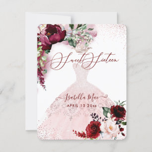 Sweet 16 Blush Burgundy Watercolor Flowers Invitation