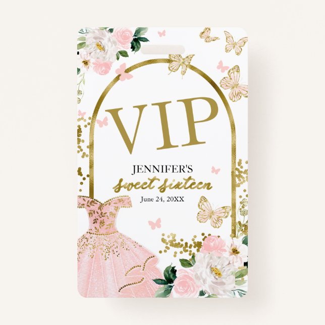 Sweet 16 Blush Floral Birthday 16 Birthday VIP ID Badge (Front)