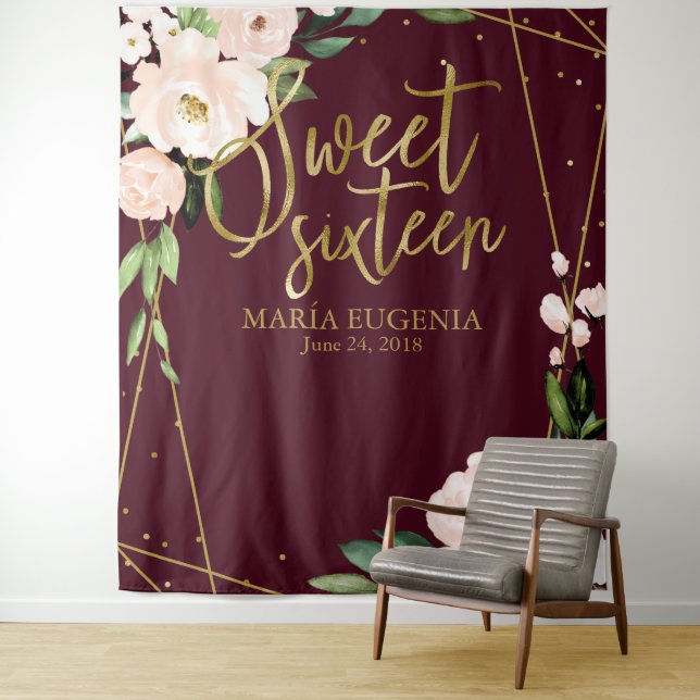 Sweet 16 Blush Floral Burgundy Backdrop Tapestry (In Situ)