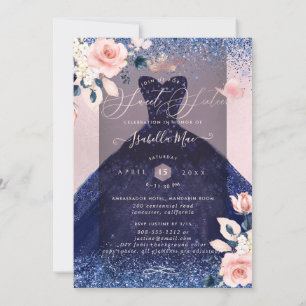 Sweet 16 Blush Floral Navy Blue Glitter Gown Invitation