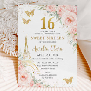 Sweet 16 Blush Floral Paris Eiffel Champagne  Invitation