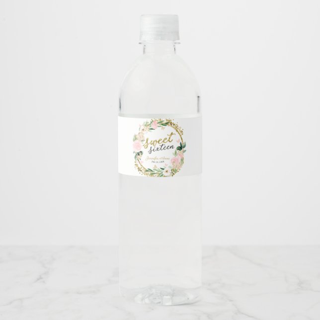 Sweet 16 Blush Floral Pink Butterfly Water Bottle Label (Front)