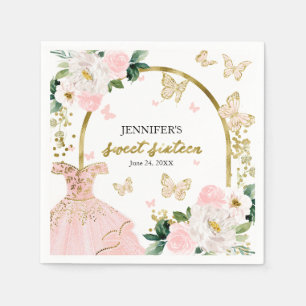 Sweet 16 Blush Floral Pink Dress Butterfly Napkin