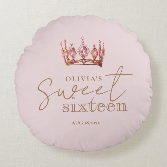 Sweet 16 Blush Pink and Gold Birthday Round Cushion (Front)
