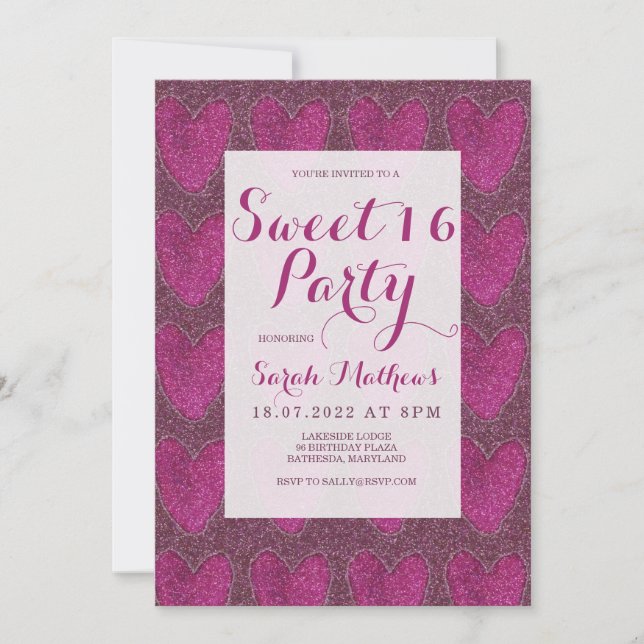 Sweet 16 Blush Pink and Magenta glitter Invitation (Front)