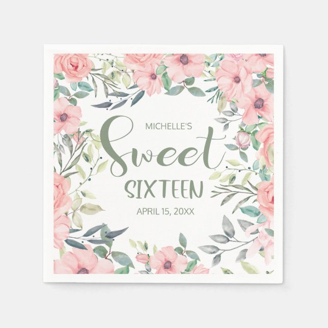 Sweet 16 Blush Pink Flowers Sage Green Leaves Napkin (Front)