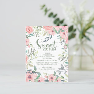 Sweet 16 Blush Pink Flowers Sage Green Leaves Postcard