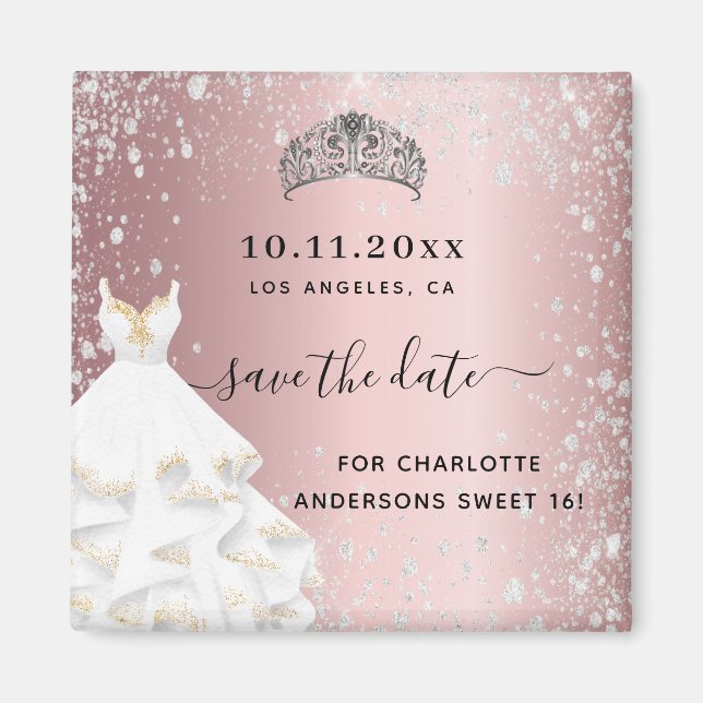 Sweet 16 blush pink glitter dress save the date  magnet (Front)