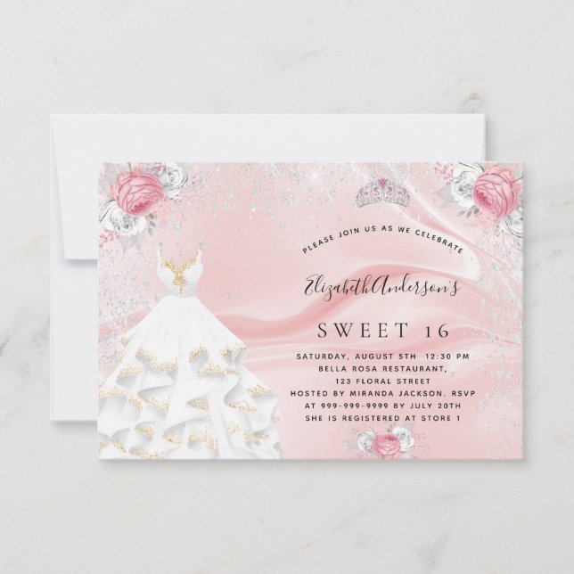 Sweet 16 blush pink glitter dress tiara floral invitation (Front)