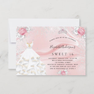 Sweet 16 blush pink glitter dress tiara floral invitation