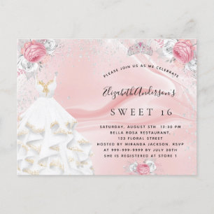 Sweet 16 blush pink glitter dress tiara florals invitation postcard