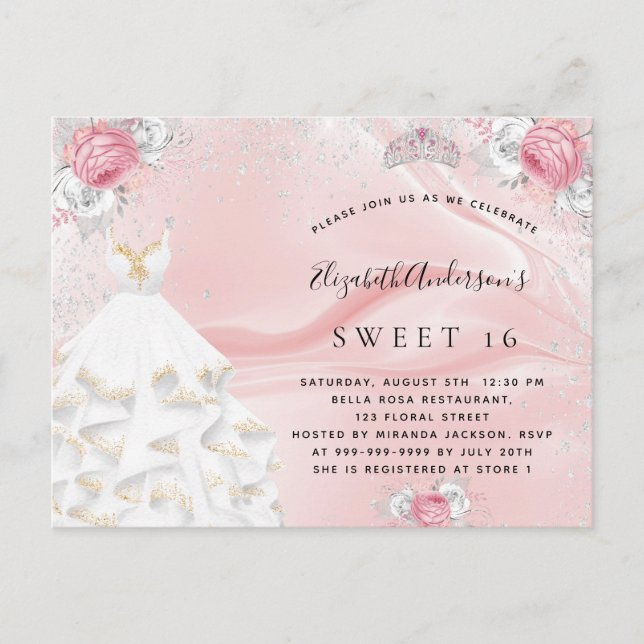 Sweet 16 blush pink glitter dress tiara florals invitation postcard (Front)