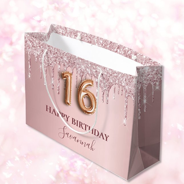 Sweet 16 blush pink glitter drips monogram 16th large gift bag (Creator Uploaded)