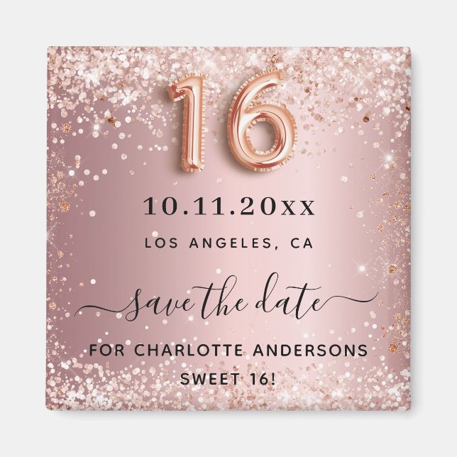Sweet 16 blush pink glitter dust save the date magnet (Front)