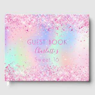 Sweet 16 blush pink glitter holographic guest book