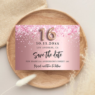 Sweet 16 blush pink glitter save the date announcement postcard