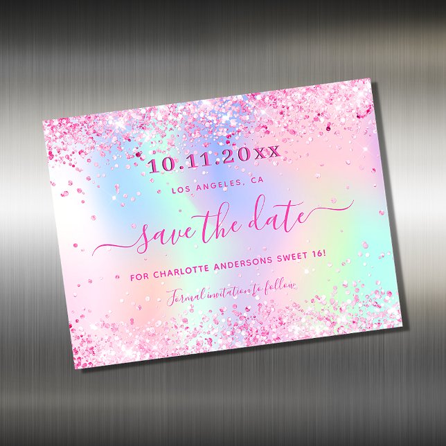 Sweet 16 blush pink glitter save the date magnet (Creator Uploaded)