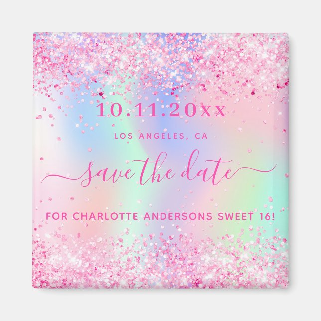 Sweet 16 blush pink glitter save the date magnet (Front)