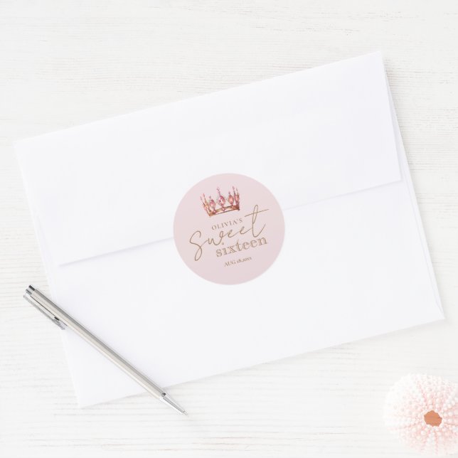 Sweet 16 Blush Pink & Gold Crown Birthday Classic Round Sticker (Envelope)