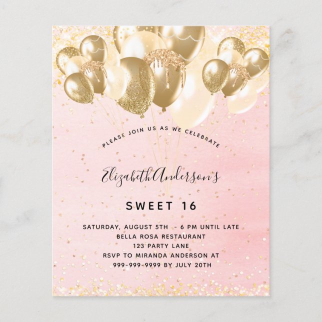 Sweet 16 blush pink gold glitter balloons budget flyer (Front)