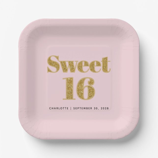 Sweet 16 Blush Pink Gold Glitter Party  Paper Plate (Front)