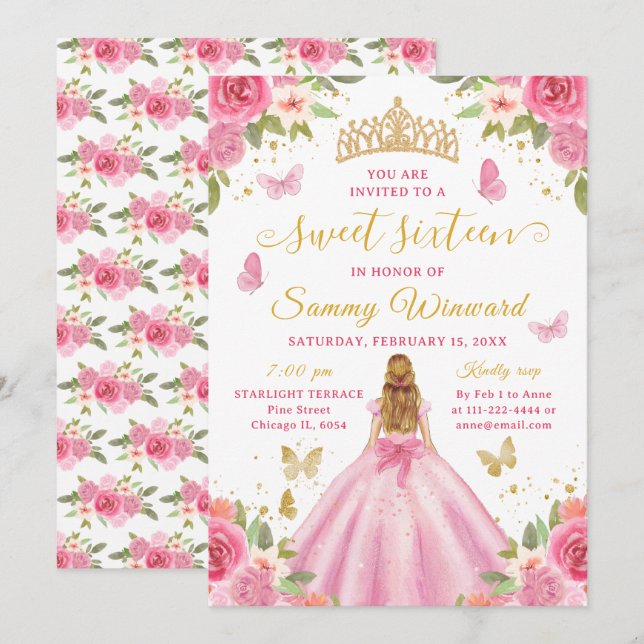 Sweet 16 Blush Pink Princess Blonde Girl Invitation (Front/Back)