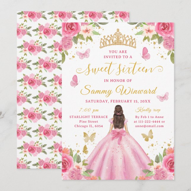 Sweet 16 Blush Pink Princess Brunette Girl Invitation (Front/Back)