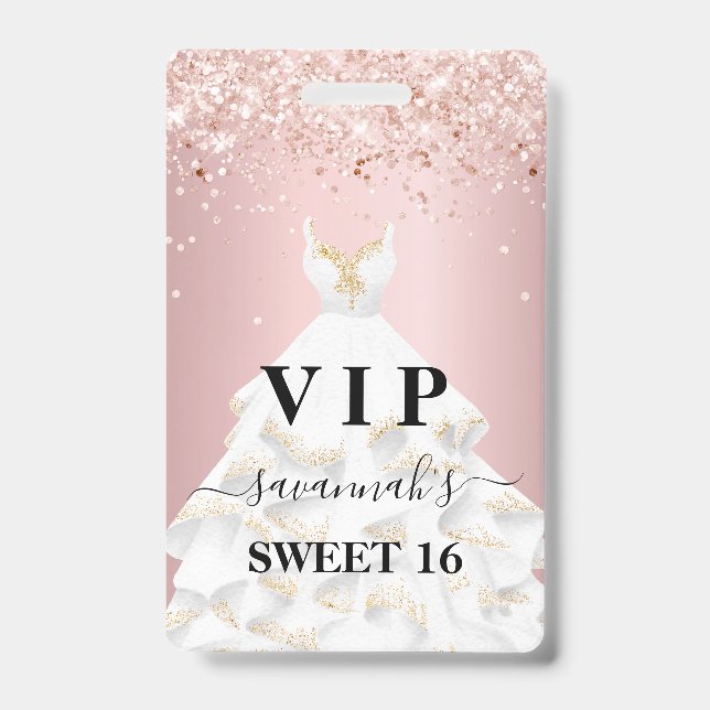 Sweet 16 blush pink rose glitter dust name vip ID badge (Front)