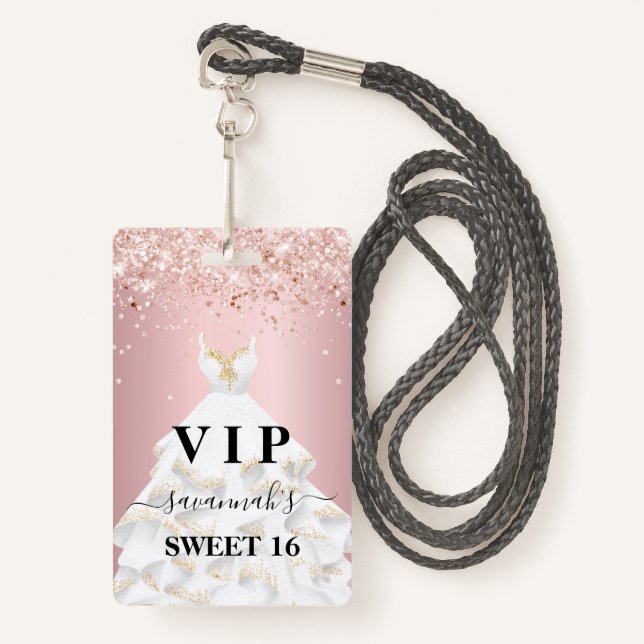 Sweet 16 blush pink rose glitter dust name vip ID badge (Front with Lanyard)