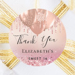 Sweet 16 blush pink rose gold balloons name classic round sticker<br><div class="desc">A stylish rose gold and blush pink background with drips and balloons. Personalise and add a name and age.</div>