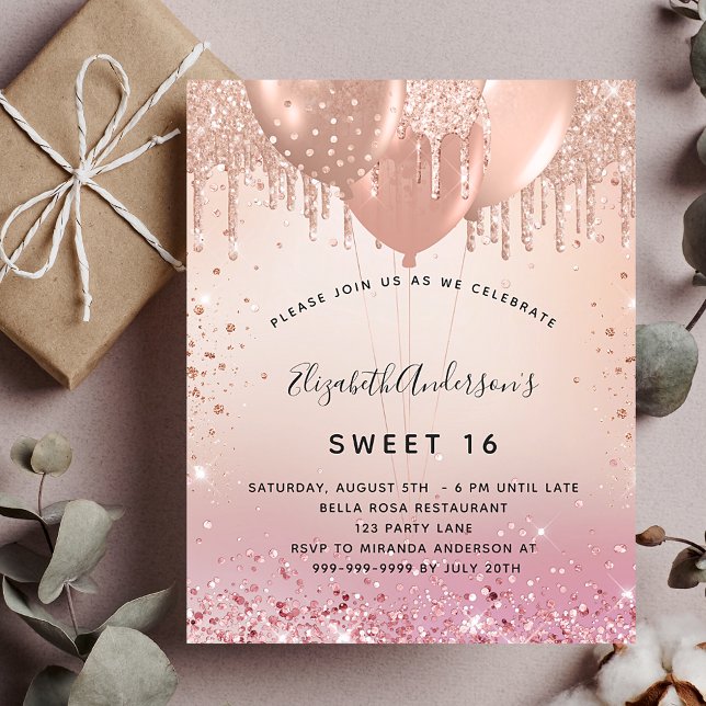 Sweet 16 blush pink rose gold budget invitation flyer (Creator Uploaded)