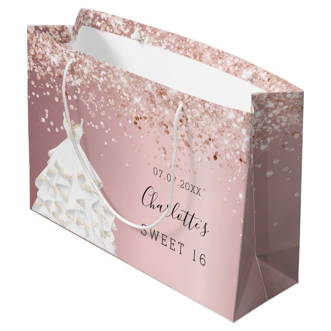 Sweet 16 blush pink rose gold dress large gift bag (Back Angled)