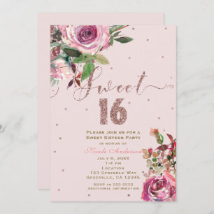 SWEET 16 Blush Pink Rose Gold Floral Modern Party Invitation