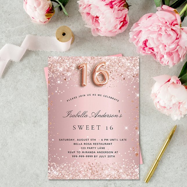 Sweet 16 blush pink rose gold glitter dust invitation postcard (Creator Uploaded)