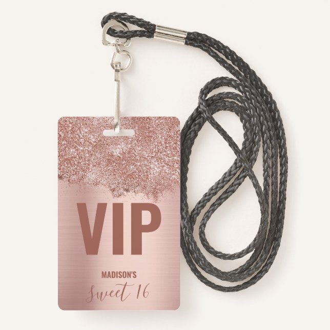 Sweet 16 Blush Pink Rose Gold Glitter Sparkles ID Badge (Front with Lanyard)